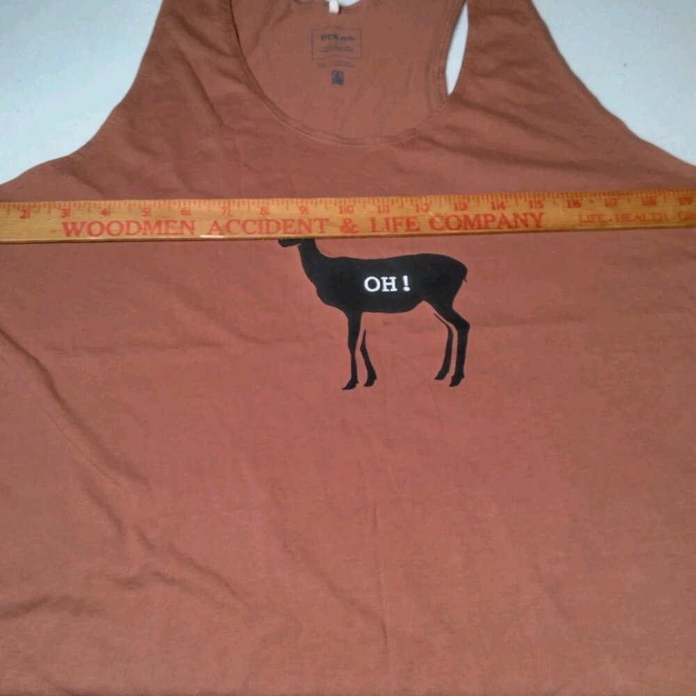 prAna Tank Top Women XL Oh Deer Graphic Terra Cotta Hike Outdoors Organic Cotton - Picture 10 of 11
